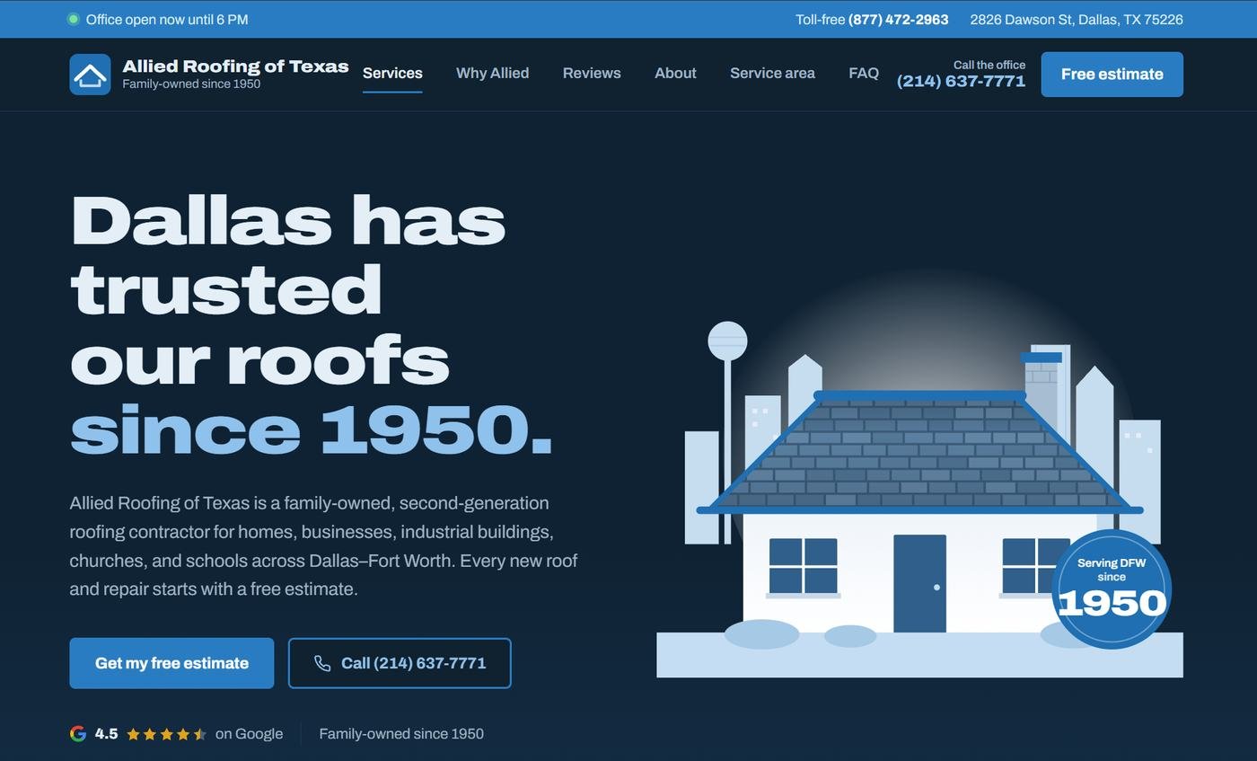 A Build Heaven website concept for Allied Roofing of Texas: a clean hero headline, free estimate button, click-to-call number, and trust highlights