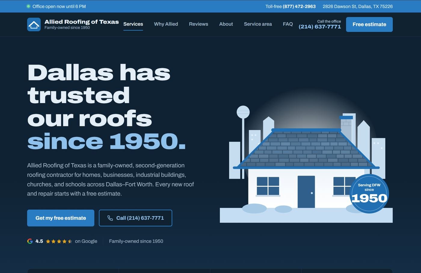 Website concept for Allied Roofing of Texas: a bold headline, free estimate button, click-to-call number, star rating, and trust highlights