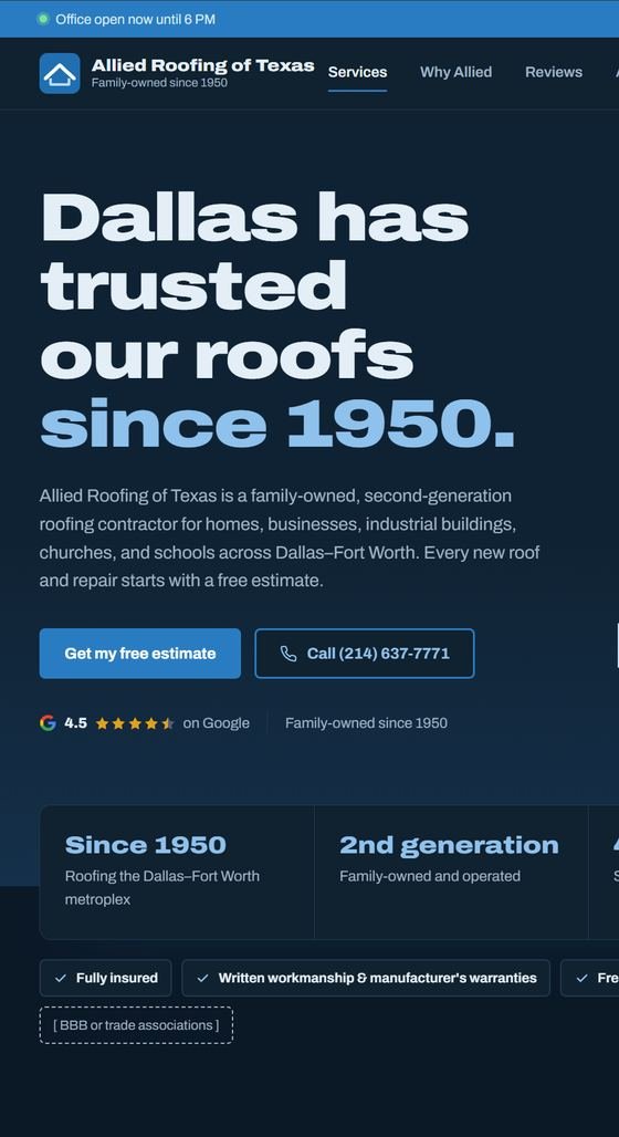 The same roofing website concept viewed on a phone
